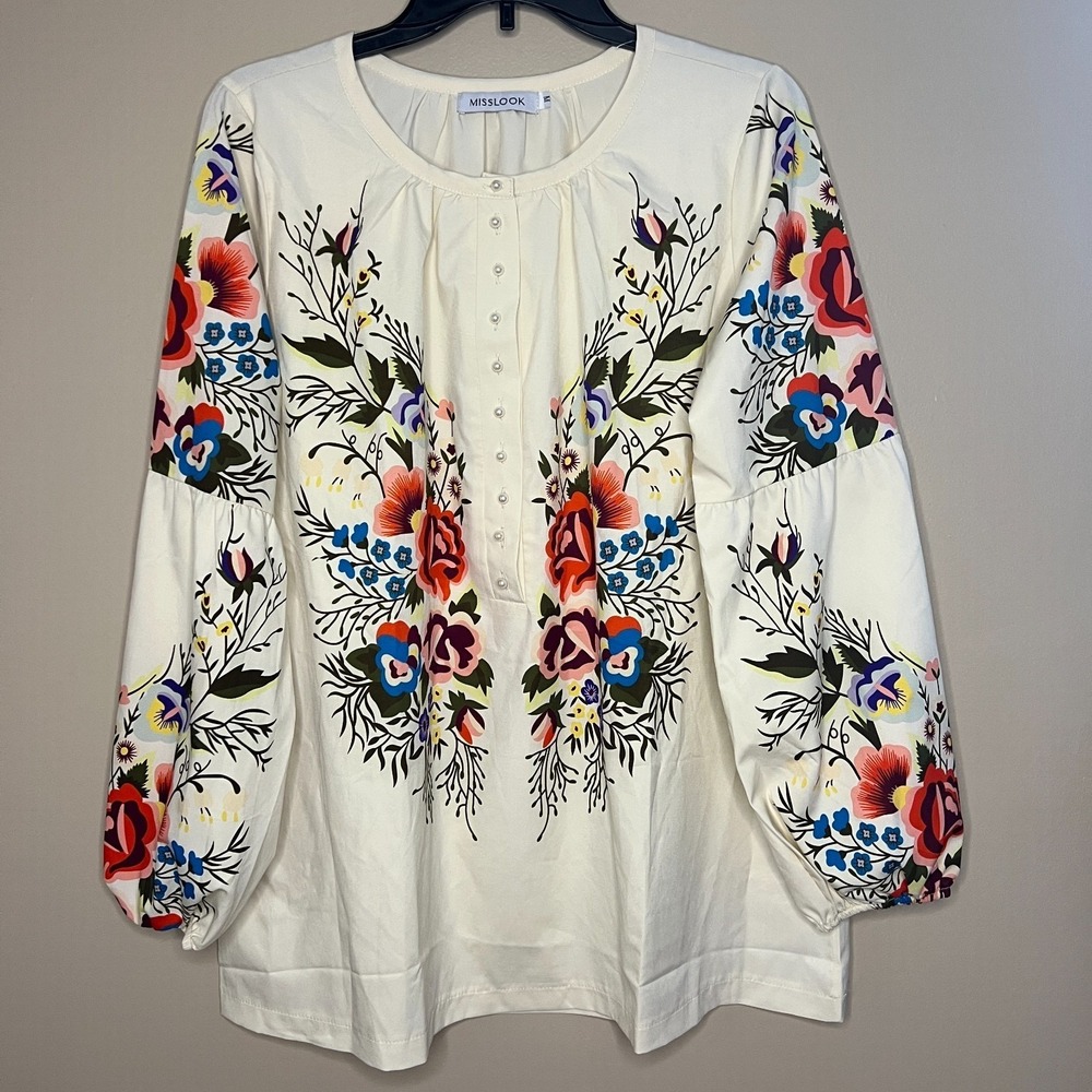 Misslook Boho Folk Floral Peasant Blouse M Cream Balloon Sleeve Pearl Button Art